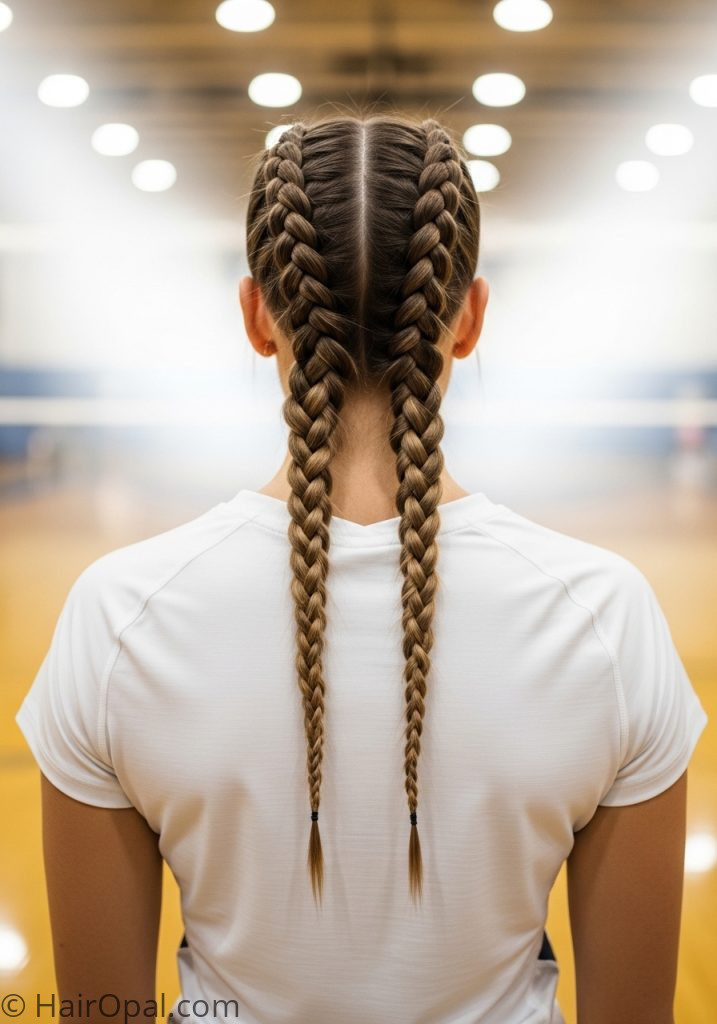 Two French braids volleyball hairstyle for long hair