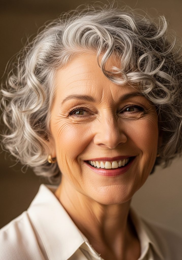 Older woman with natural grey curly crop short haircut, beautiful silver curls embraced