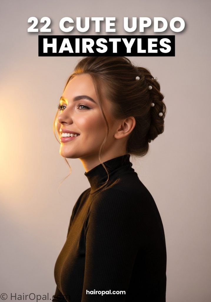 Woman with elegant twisted updo hairstyle pearl pins with text 22 cute updo hairstyles
