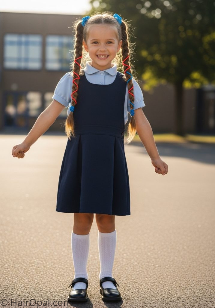 Young girl with braided pigtails colorful elastics baby kaylee hairstyle kids braids tutorial