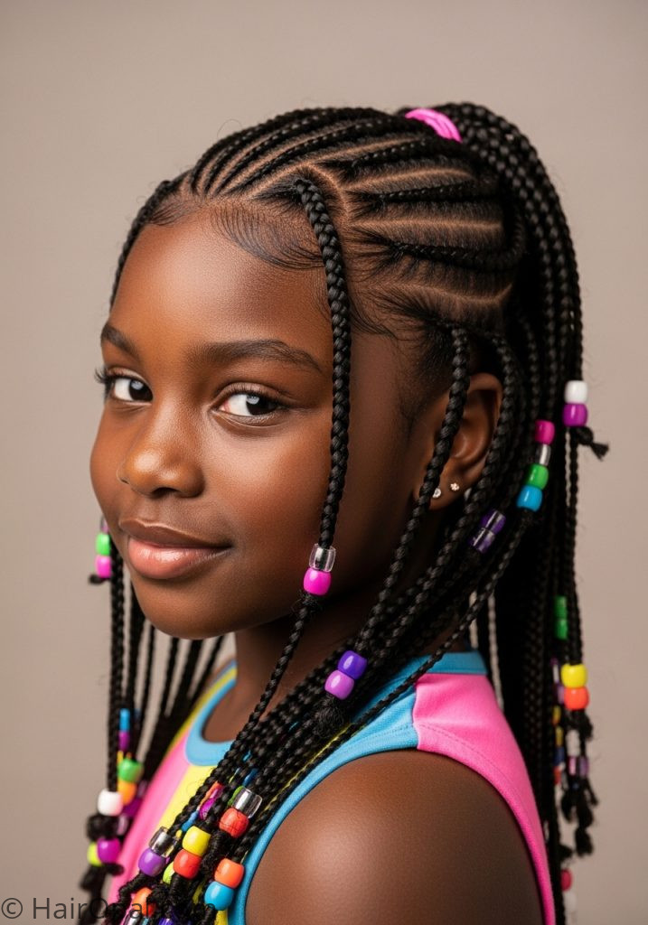 Young girl with classic baby kaylee hairstyle braids beads tutorial natural hair