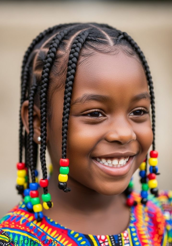 Young girl with colorful beaded cornrows baby kaylee hairstyle kids braids