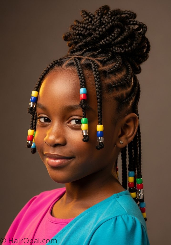 Young girl with cornrow updo beads baby kaylee hairstyle braids natural hair kids