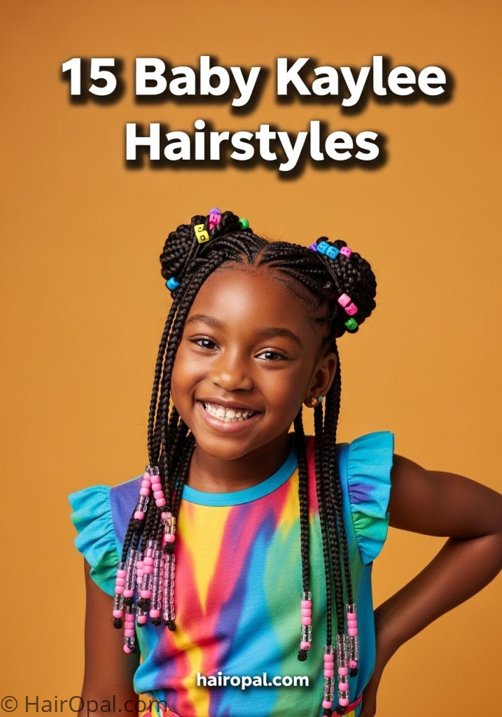 Young girl with colorful beaded braids baby kaylee hairstyle with text 15 baby kaylee hairstyles