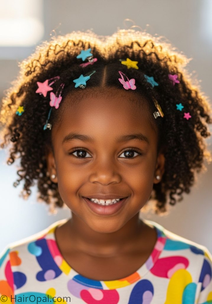 Young girl with natural curls colorful clips baby kaylee hairstyle natural hair curly