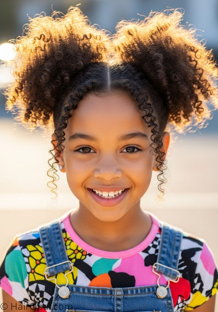 Young girl with curly space buns baby kaylee hairstyle curly kids natural hair