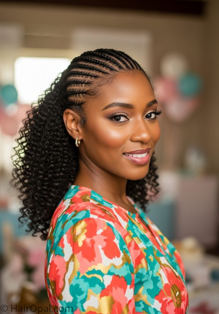 Black woman with cornrow half up baby shower hairstyles black women for mom natural