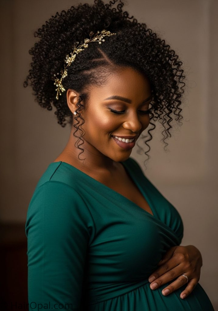 Black pregnant woman with natural hair updo baby shower hairstyles black women for mom