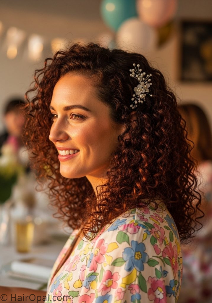  Woman with curly hair down baby shower hairstyles for medium hair long natural hair