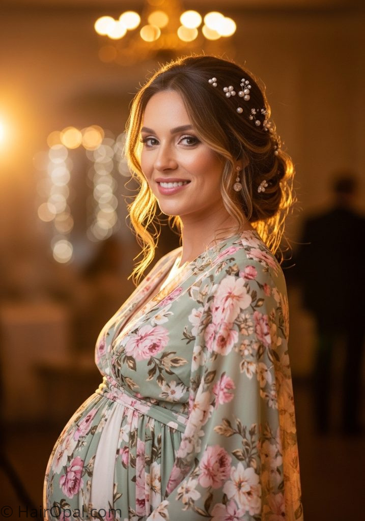 Pregnant woman with elegant updo baby shower hairstyles long hair for mom
