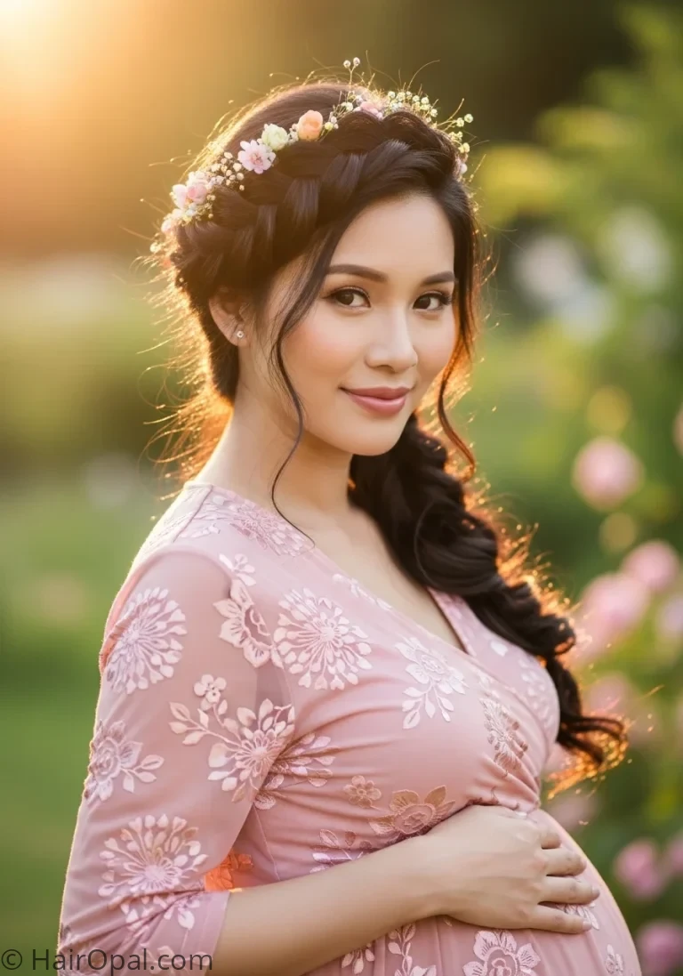 baby shower hairstyles pregnant woman with flower braid long hair romantic