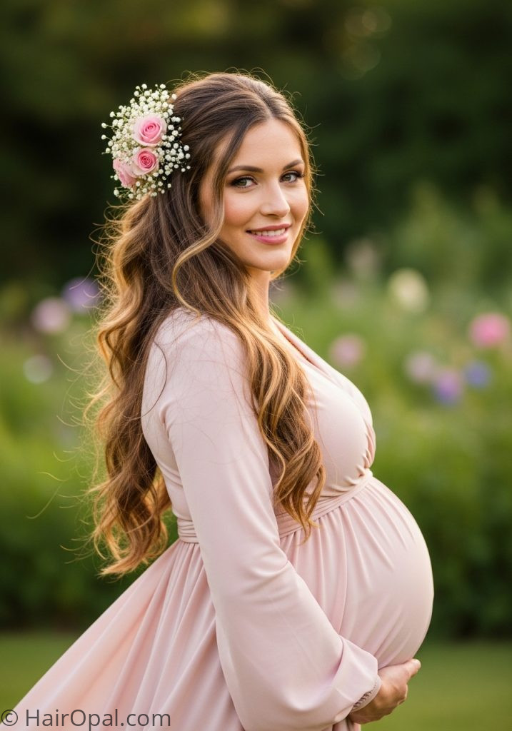 Pregnant woman with floral half up baby shower hairstyles for mom long hair
