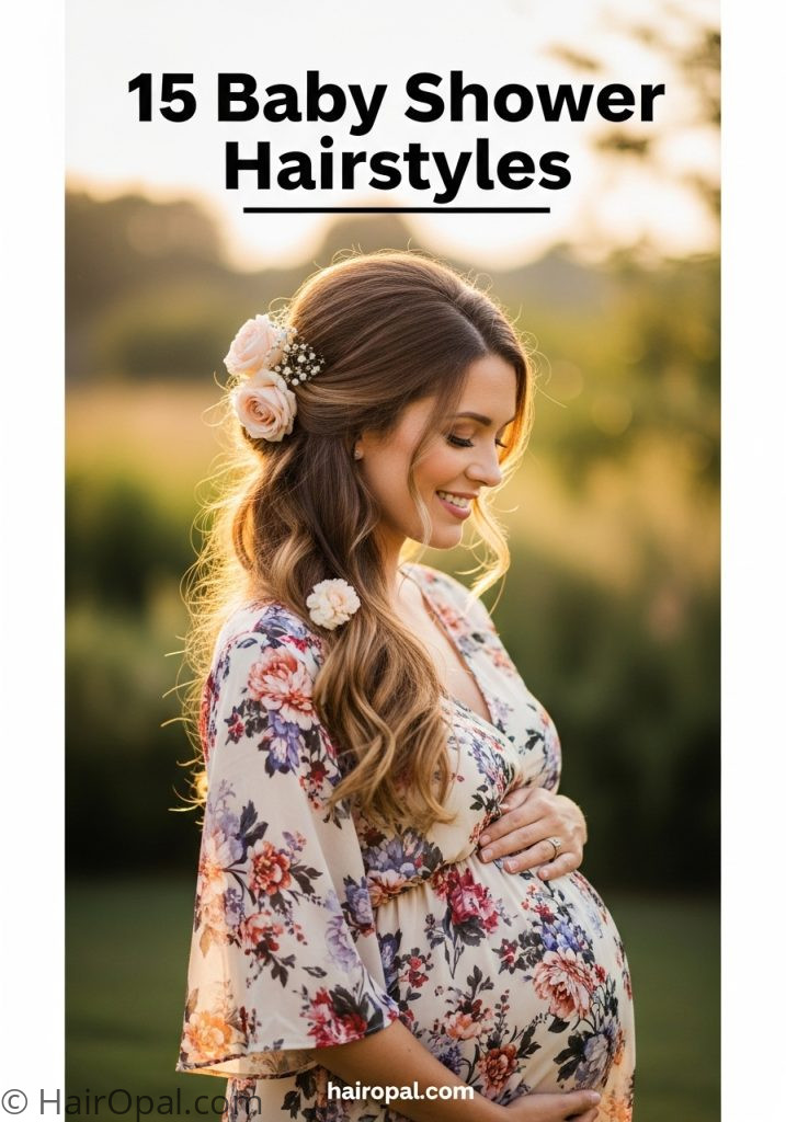 Pregnant woman with romantic half up flower hairstyle with text 15 baby shower hairstyles