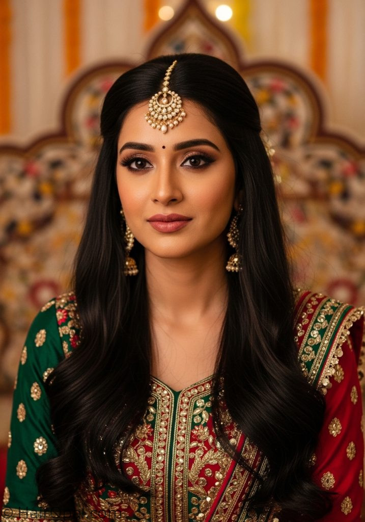  Indian woman with maang tikka baby shower hairstyles indian front side open hair