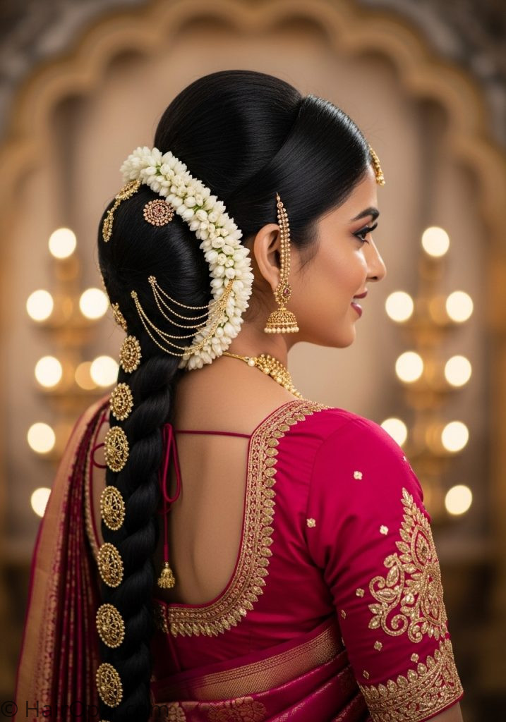 Indian woman with gajra bun baby shower hairstyles indian for mom