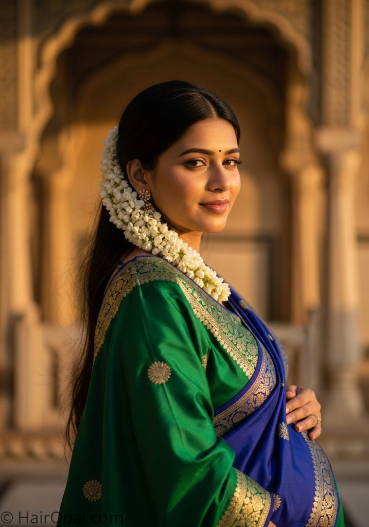 Indian pregnant woman with open hair flowers baby shower hairstyles indian open hair