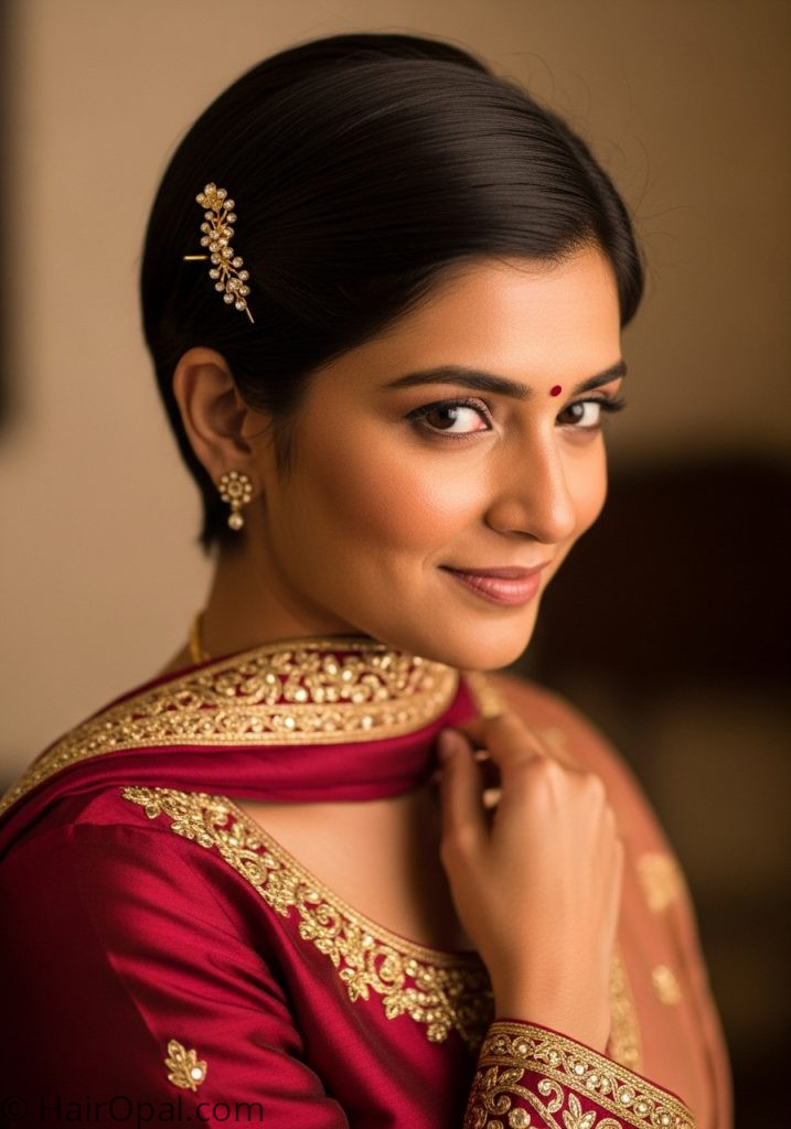  Indian woman with short open hair side part baby shower hairstyles indian short hair