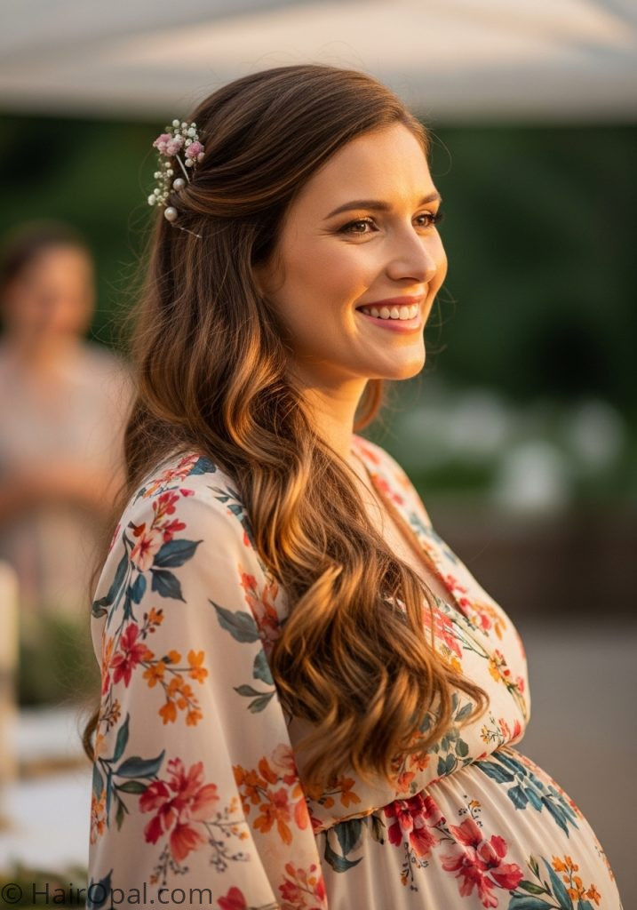 Pregnant woman with loose waves baby shower hairstyles long hair for mom down