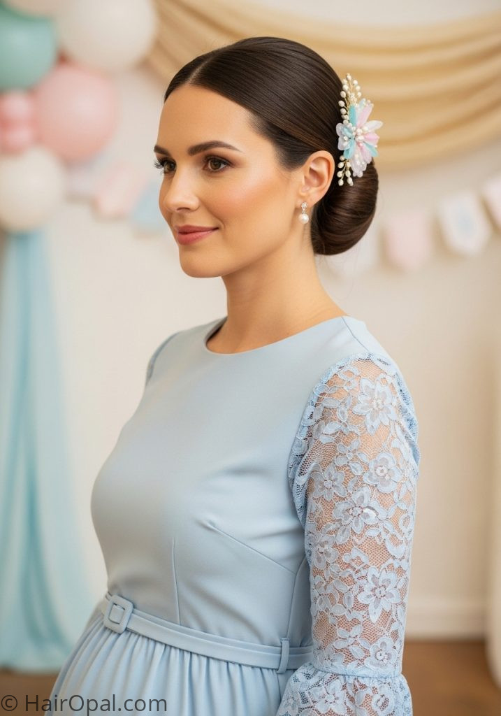 Woman with short hair low bun flower clip baby shower hairstyles for short hair medium