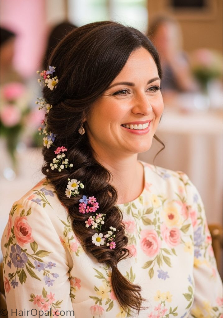 Woman with side braid flowers baby shower hairstyles for medium hair guest