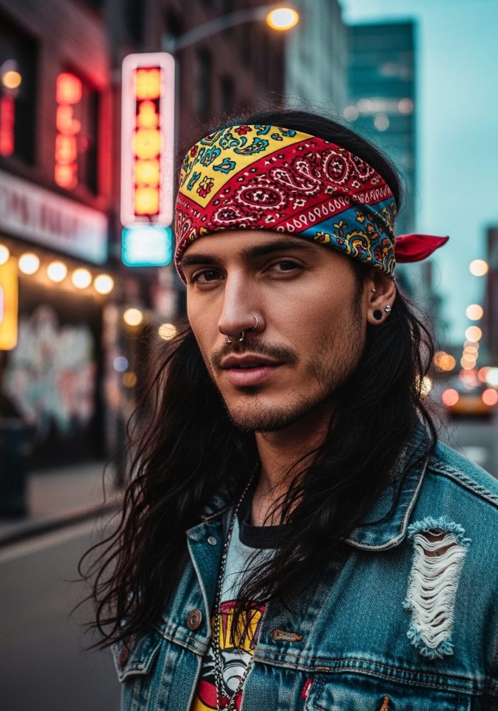 Man with long hair and bandana accessory gents long hair style, street cool 2026