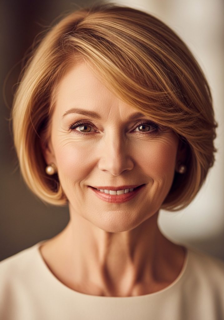 Older woman with soft fringe bangs short bob haircut, youthful and elegant look