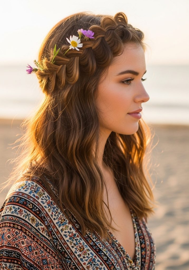 Woman with boho braid crown flowers beachy hairstyles braids updos easy long