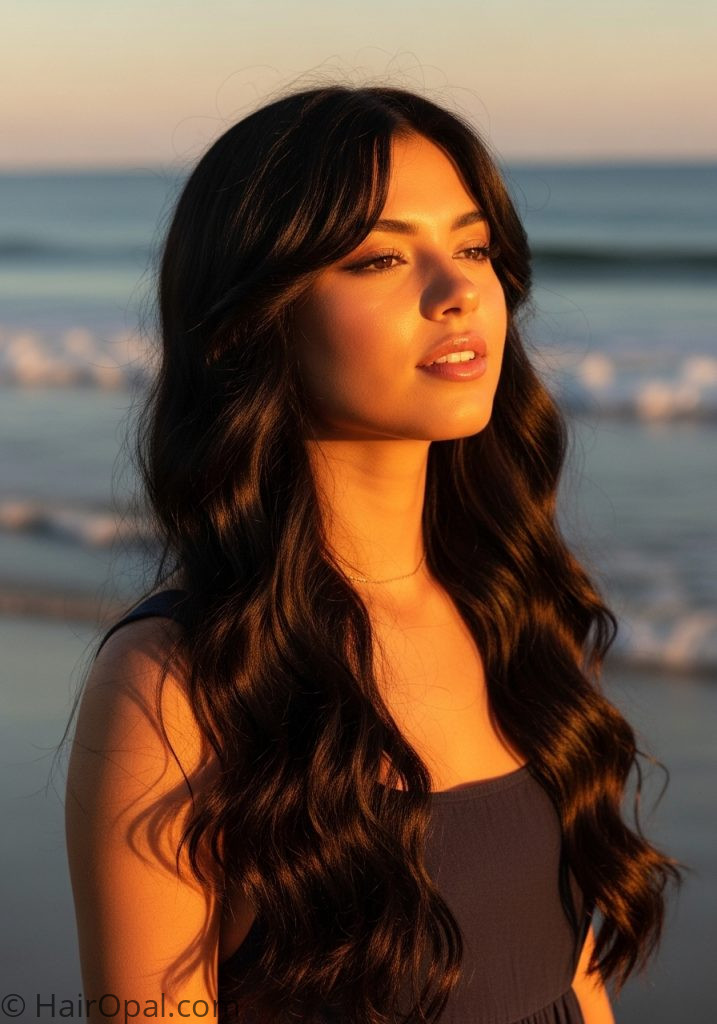 Woman with brunette face framing waves beachy hairstyles brunette for long hair easy