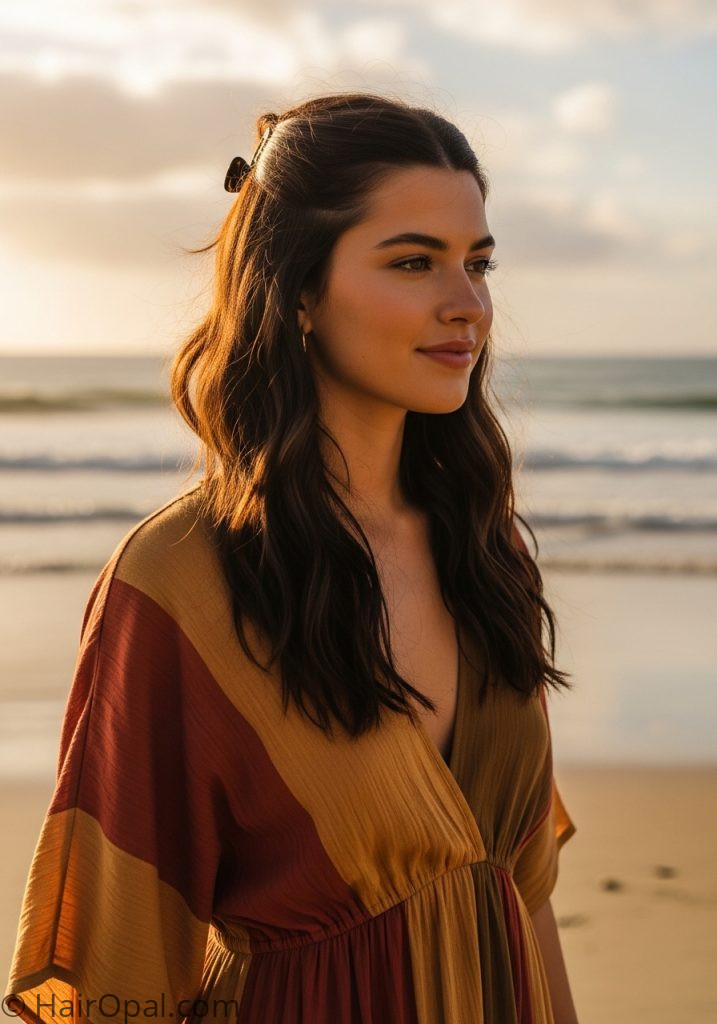 Young woman with brunette waves half up beachy hairstyles brunette easy medium hair