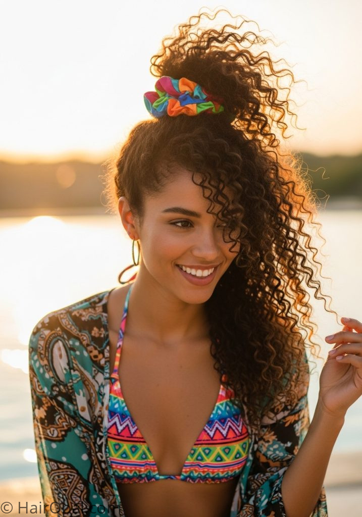 Woman with curly pineapple updo beachy hairstyles for curly hair updos easy