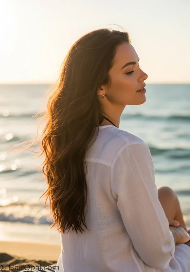 beachy hairstyles woman with long brunette waves on sunny beach golden hour