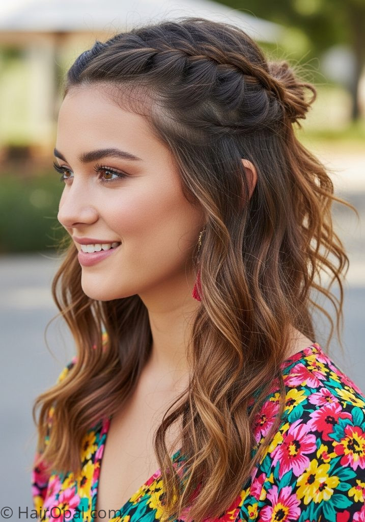 Woman with beachy half up braid medium hair beachy hairstyles braids easy medium