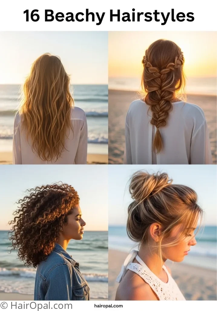 Collage of four beachy hairstyles women beach waves braids curly with text 16 beachy hairstyles