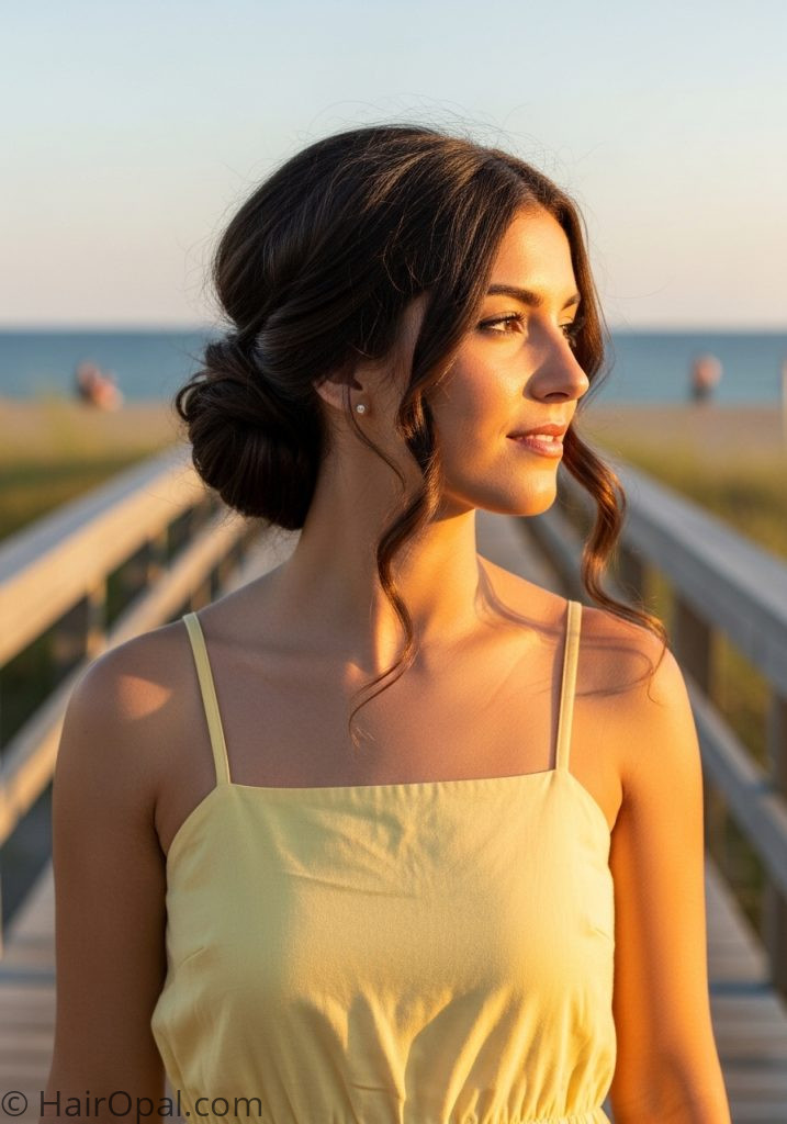 Woman with low beach bun pieces out beachy hairstyles updos easy long hair