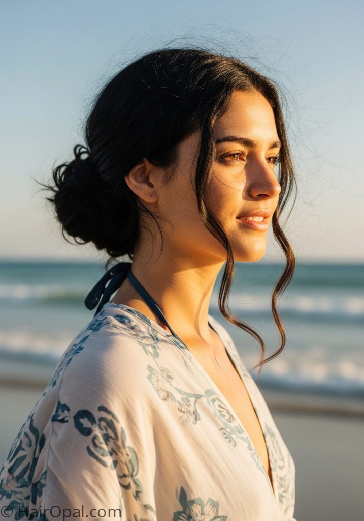 Woman with messy beach updo beachy hairstyles updos long hair easy