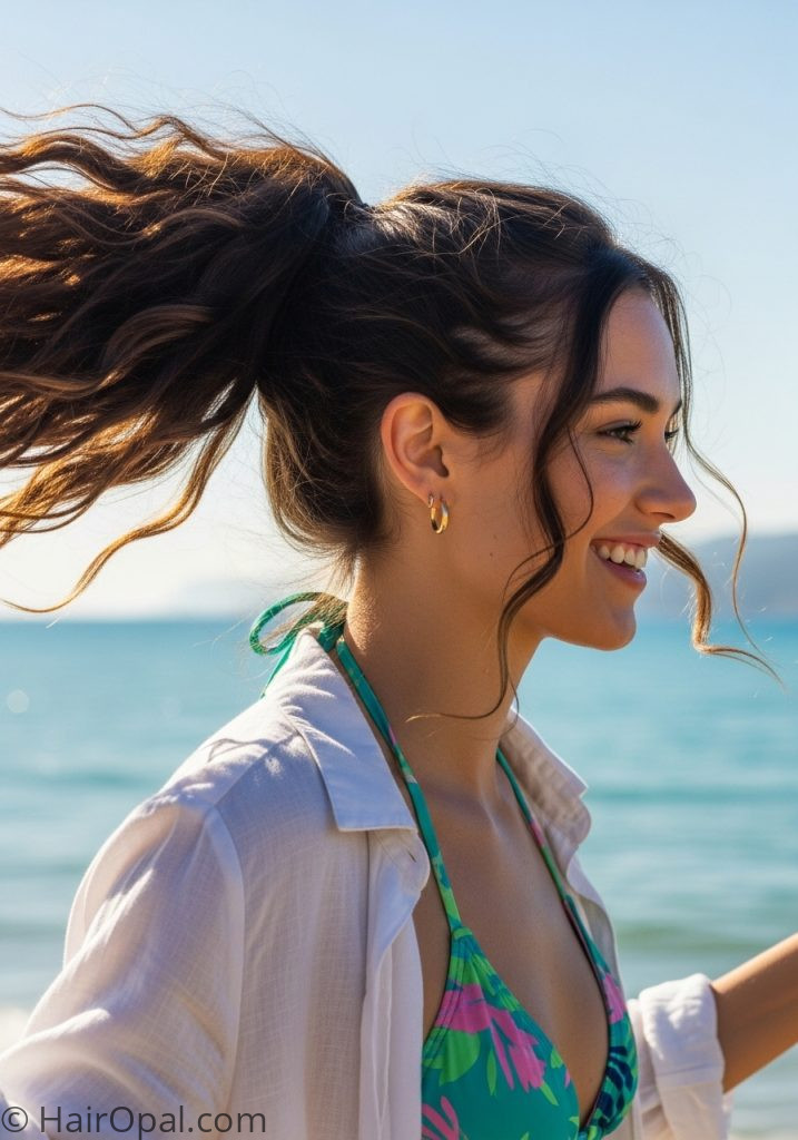 Woman with textured beach ponytail beachy hairstyles easy for long hair