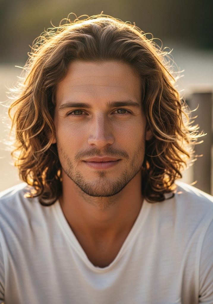 Man with beachy waves center part gents long hair style, effortless look 2026