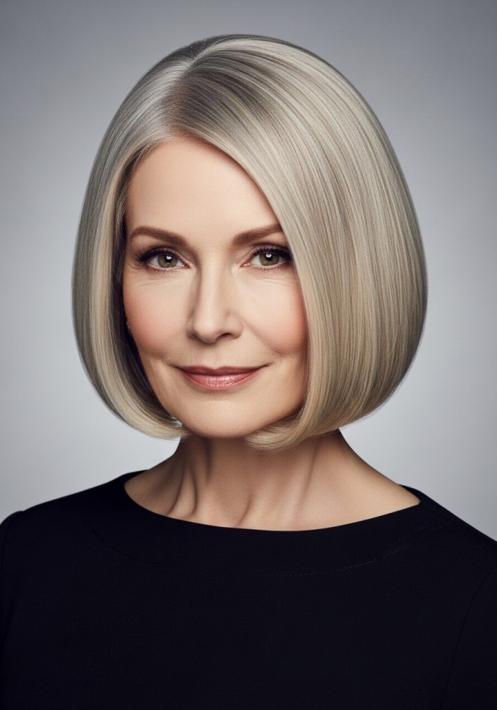 Older woman with blunt bob short haircut for thinning hair, full and polished look