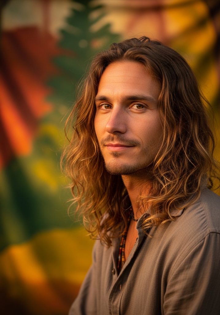  Man with loose bohemian waves gents long hair style, artistic free look 2026