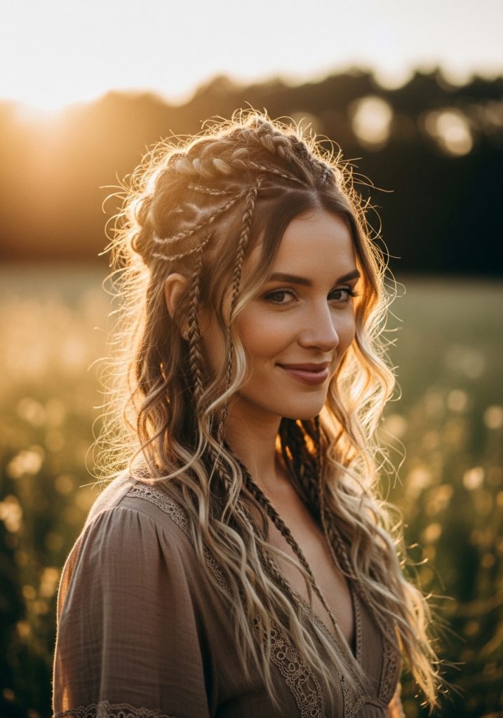 Woman with boho braids hairstyle, loose wavy pieces mixed with structured braids