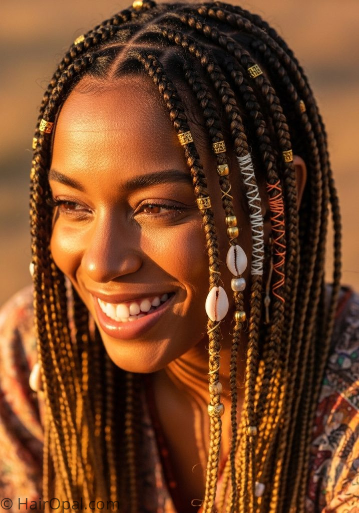 Black woman with boho box braids beads wraps braided hairstyles for black women boho style