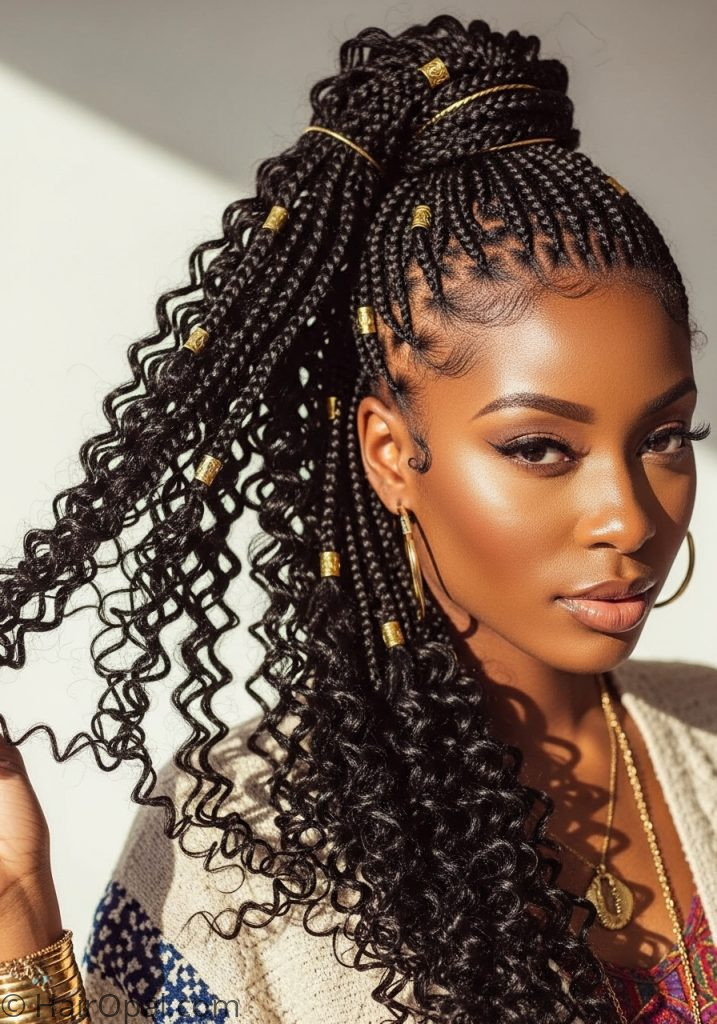 Black woman with boho braided ponytail curly ends braiding hairstyles for black women boho