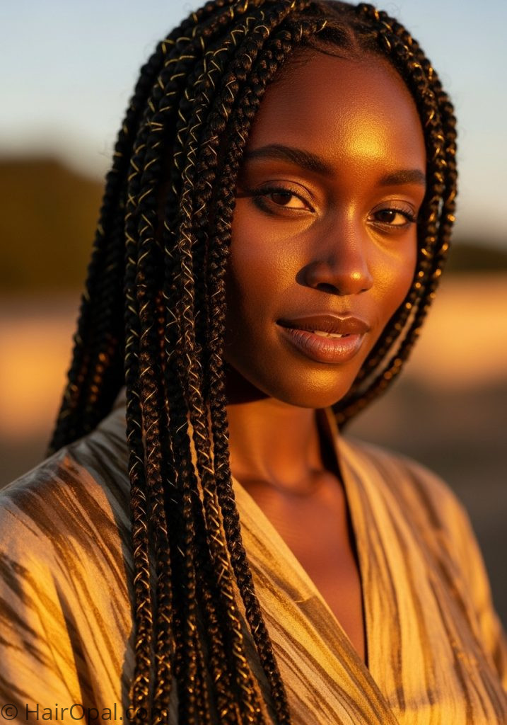 Black woman with gold thread braids boho braided hairstyles for black women boho style