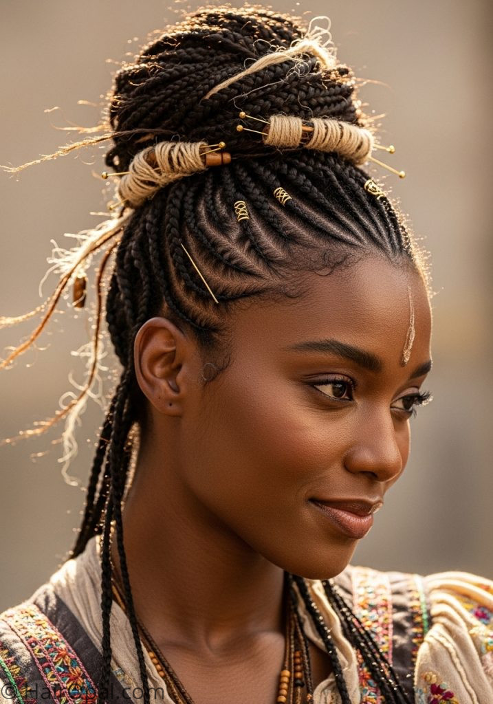 Black woman with boho cornrow updo braiding hairstyles for black women boho natural