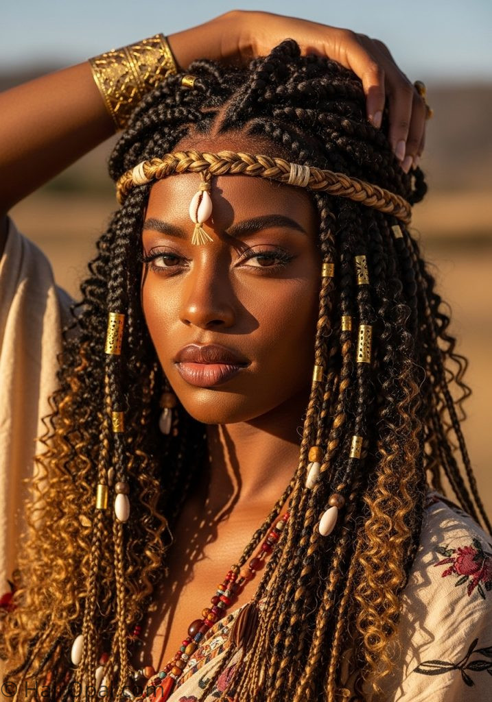 Black woman with boho Fulani braids curly ends shells braided hairstyles for black women boho style