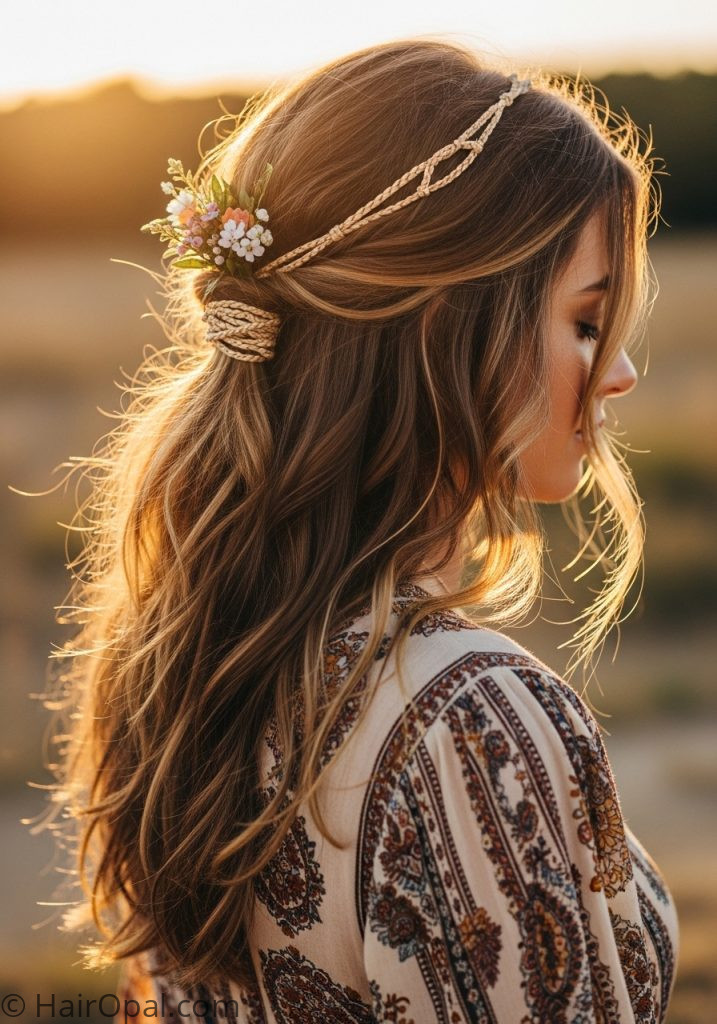 Woman with boho half up loose curls waves boho hairstyles for women braids natural