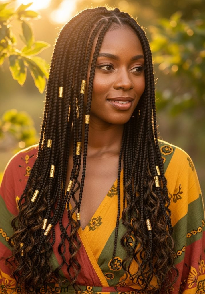 Black woman with boho knotless braids curly ends gold cuffs boho hairstyles for women black women braided boho style