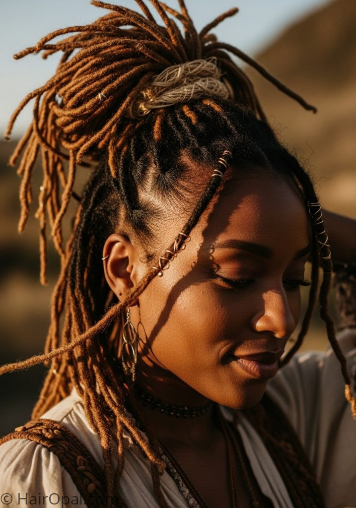 Black woman with boho locs half up accessories boho bob locs hairstyles for black women