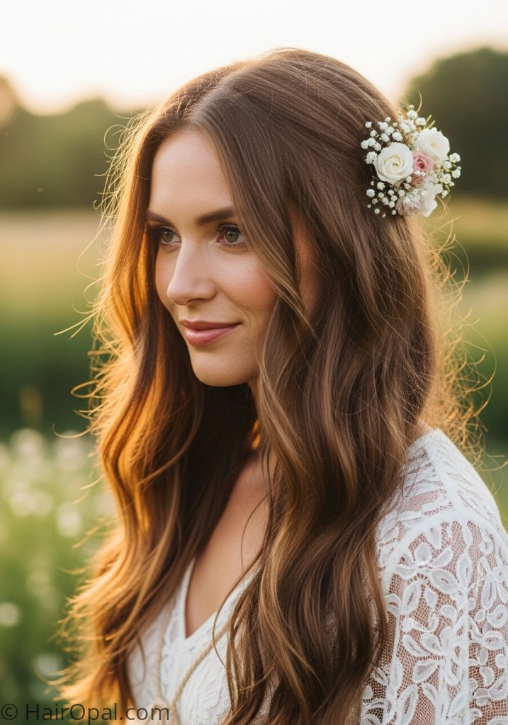 Woman with loose boho waves flowers in hair boho hairstyles for women natural