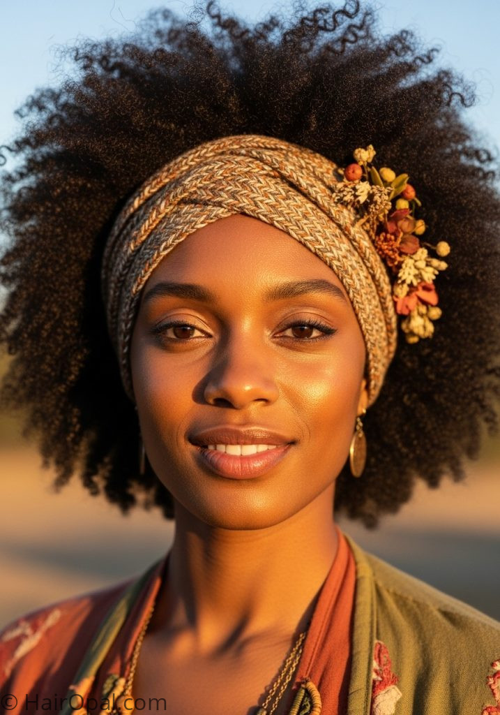 Black woman with natural afro boho headband flowers natural hairstyles for black women boho